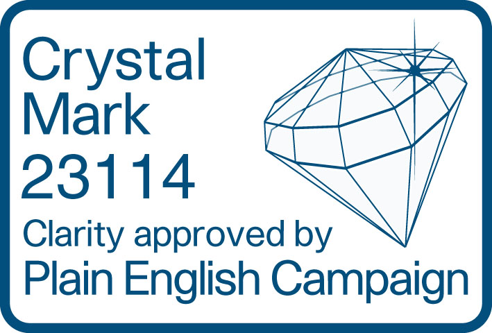 Crystal Mark 23114 - Clarity approved by Plain English Campaign